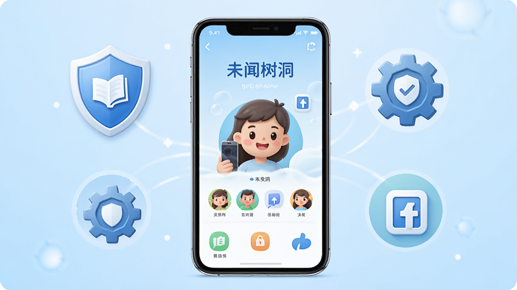 未闻树洞新手使用指南示意图,画面中一部手机屏幕展示应用主界面,周围环绕着盾牌、齿轮、备份图标等元素,背景为浅蓝色渐变,整体风格清晰友好,布局简洁,细节明确,画质高清,干净无多余元素