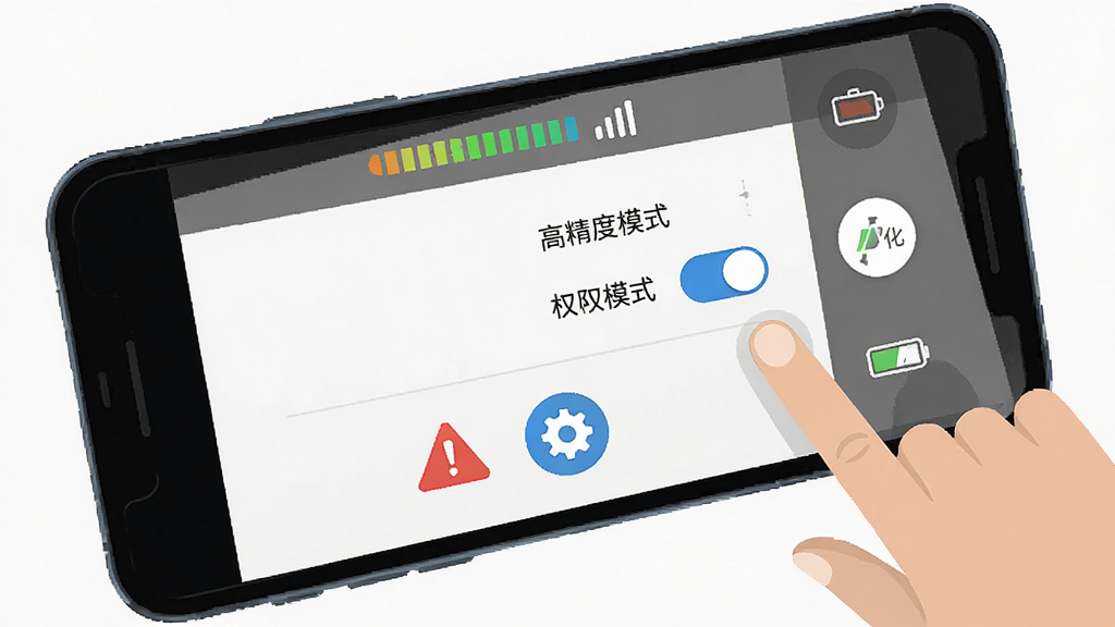 水印相机快速定位打卡移动端操作示意图,画面中一部手机横屏显示相机界面,屏幕上方有定位信号强度条,下方有红色警告图标与蓝色齿轮图标,旁边有手指点击权限设置的示意,布局为斜向展示,风格为扁平化说明图,细节包括“高精度模式”文字标签、权限开关按钮、电池优化图标,画质高清,画面干净,无多余元素