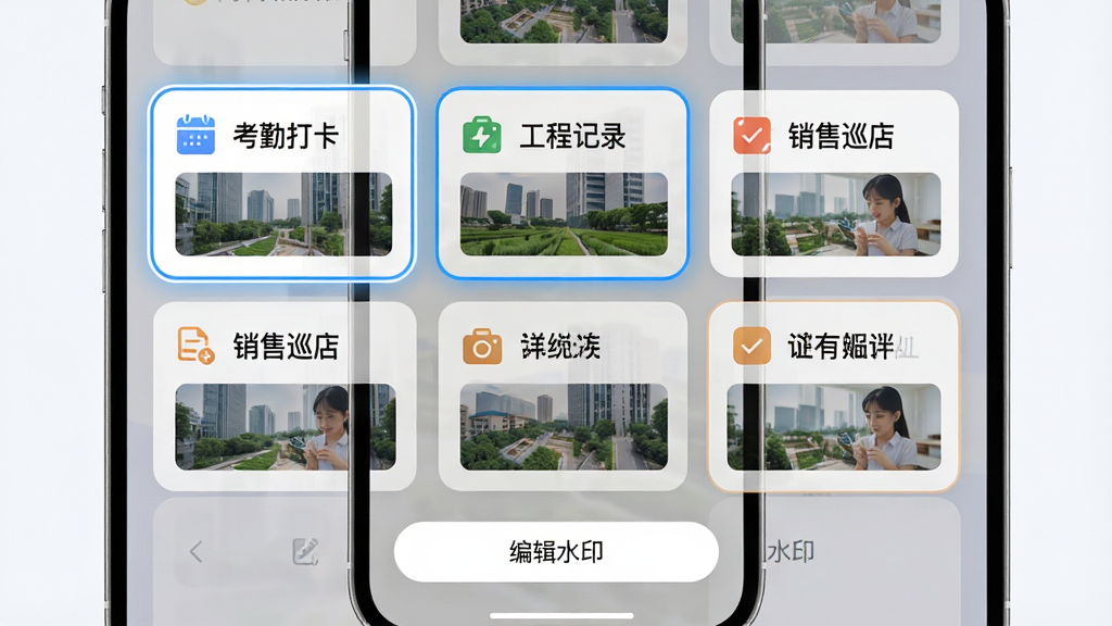 水印相机快速定位打卡水印模板选择界面,画面中手机屏幕以网格形式排列着多个水印样式卡片,卡片上分别写着“考勤打卡”“工程记录”“销售巡店”等字样,每个卡片配有对应的图标和缩略图,手机下方有“编辑水印”按钮,布局为居中网格排版,风格为清新浅色,细节包括卡片圆角、选中高亮边框、半透明背景,画质高清,画面干净,无多余元素