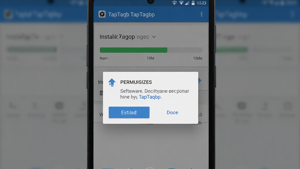 一张展示安卓手机安装“TapTaqbp”软件过程的图片,主体为手机屏幕显示安装进度条和权限提示弹窗,布局为居中弹窗加背景界面,排版清晰,风格写实,细节包含按钮和文字说明,画质清晰,干净,无多余元素。
