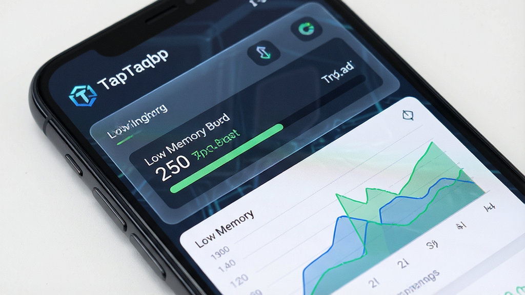 一张展示“TapTaqbp”软件运行状态的图片,主体为手机屏幕显示低内存占用数据,布局为数据面板加图表,排版清晰,风格科技感,细节包含数字和进度条,画质清晰,干净,无多余元素。