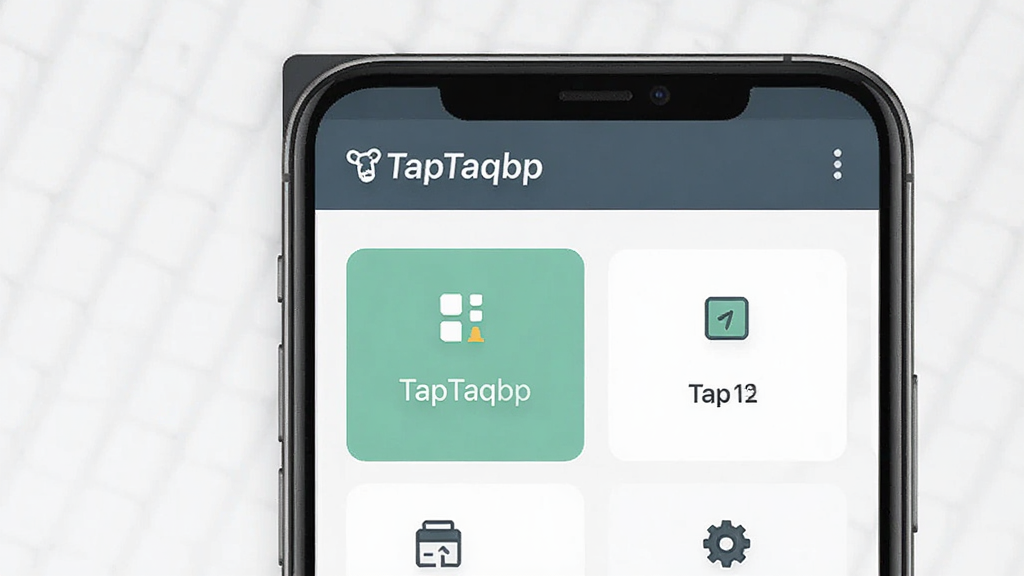 一张展示“TapTaqbp”软件主界面的图片,主体为手机屏幕中的极简UI,布局为顶部标题栏加中部功能卡片,排版整齐,风格清新简约,细节包含图标和文字标签,画质清晰,干净,无多余元素。