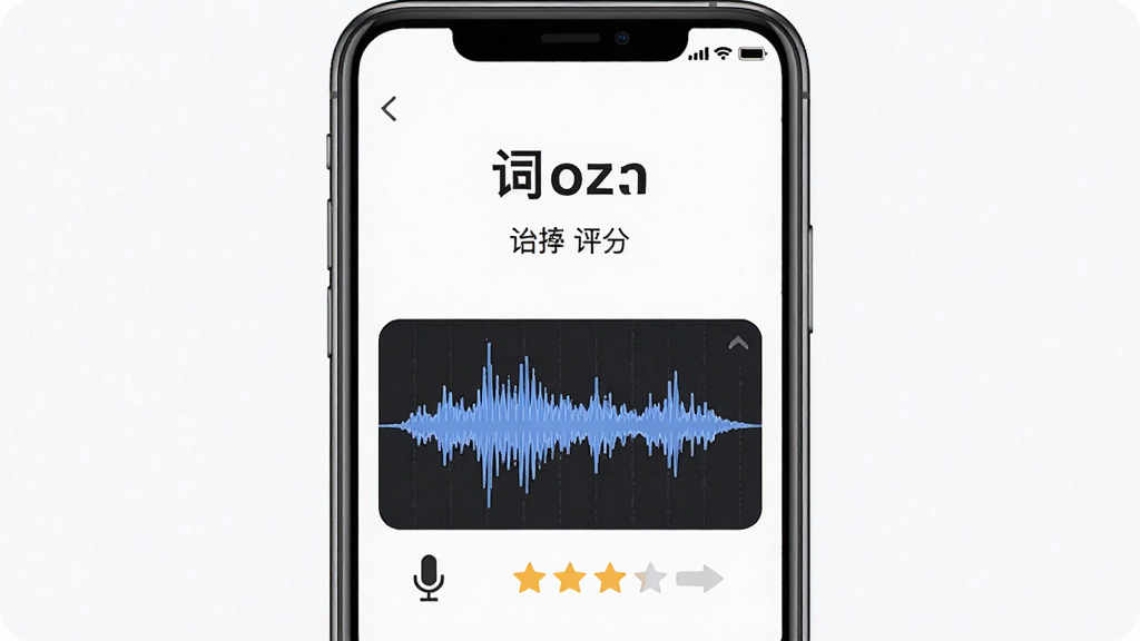 一张展示有词科技发音评测功能的界面截图,画面主体是手机屏幕,屏幕中显示单词和发音波形图,布局为上下结构,上方是单词和音标,下方是波形图和评分,排版清晰,风格为现代UI设计,细节包括麦克风图标和评分星级,画质清晰,干净,无多余元素