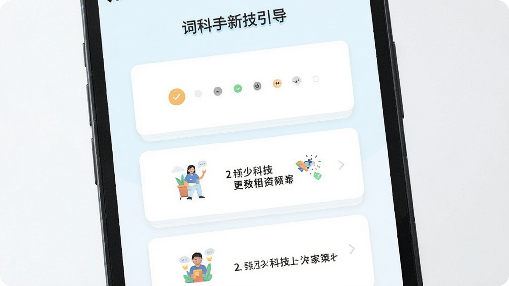 一张展示有词科技新手引导页面的图片,画面主体是手机屏幕显示分步引导界面,布局为居中卡片式,排版简洁,风格为清新浅色扁平设计,细节包括步骤指示点和插画图标,画质清晰,干净,无多余元素