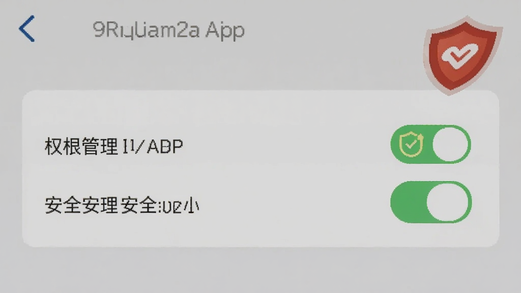 有词科技APP在手机上的设置界面截图,显示权限管理选项,旁边有一个红色盾牌图标代表安全提示,背景为浅灰色,风格扁平化,画质清晰,重点突出权限开关按钮