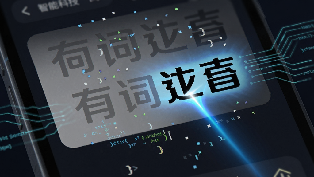 有词科技APP界面特写,屏幕中央显示一段文字从灰色草稿状态被一道蓝色光效扫描后变成黑色工整字体的过程,周围环绕着抽象的代码粒子与科技线条,背景为深色模式,突出智能处理的科技感,画质清晰,主体突出,无杂乱元素