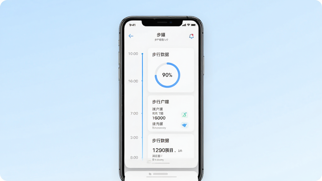 步录朝夕软件主界面截图,画面中央展示手机屏幕,屏幕内呈现时间轴与步行数据卡片,背景为淡蓝色渐变,风格简洁清新,细节包含圆形进度条与文字标签,画质高清,干净,无多余元素