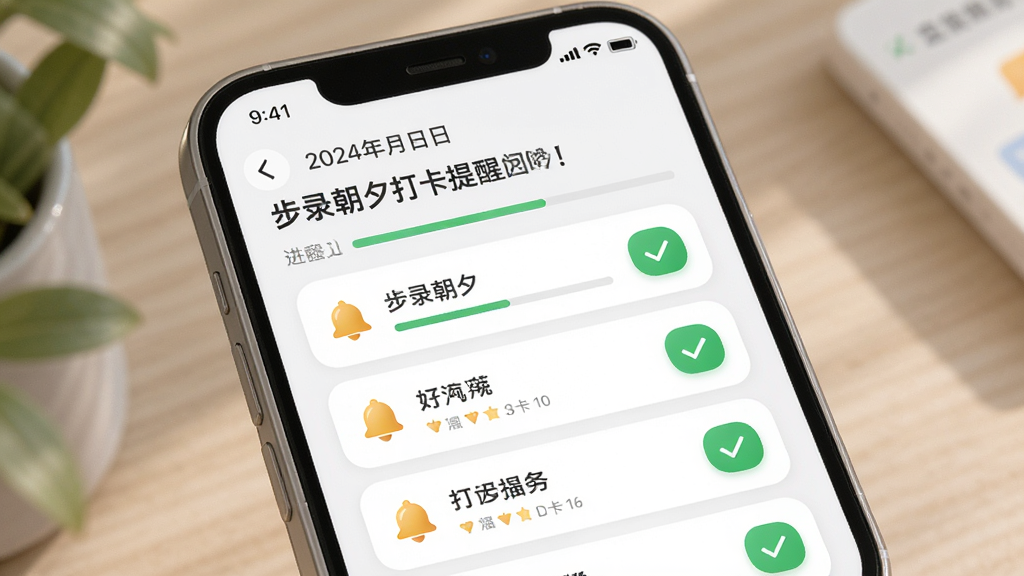 步录朝夕打卡提醒界面图,画面中手机屏幕显示打卡列表,每个项目旁有绿色对勾按钮,顶部有日期与问候语,风格柔和圆角卡片式设计,细节包含小铃铛图标与进度条,画质高清,干净,无多余元素