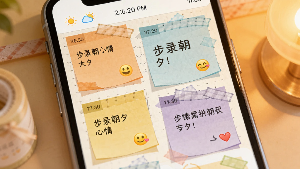 步录朝夕心情便签界面图,画面中手机屏幕显示多张彩色便签卡片,卡片上写有简短文字与表情符号,背景为暖色调,风格手账风,细节包含天气小图标与时间戳,画质高清,干净,无多余元素
