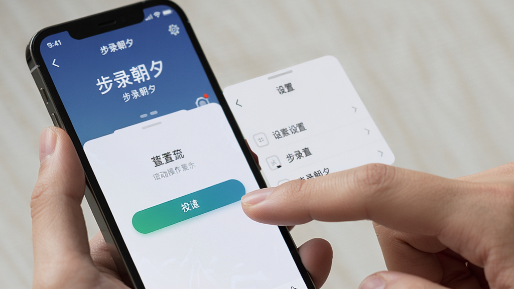 步录朝夕移动端操作示意图,画面为一只手拿着手机,屏幕显示步录朝夕主界面,另一侧有设置菜单弹出,风格写实照片,细节包含手指点击动作与界面按钮,画质清晰,干净,无多余元素