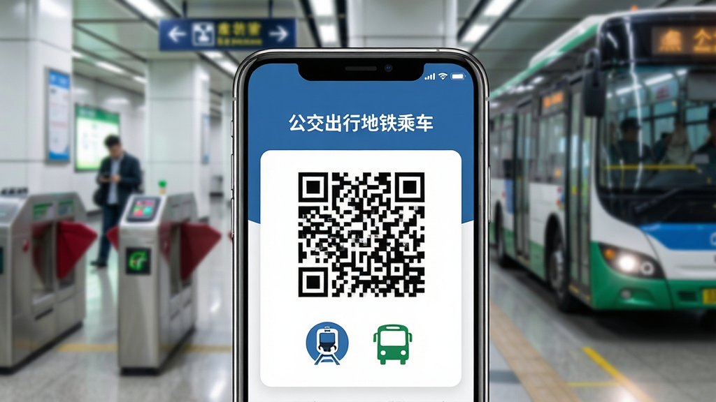 一张展示手机屏幕界面的图片,画面中央是一部现代智能手机,屏幕上显示着“公交出行地铁乘车”的乘车二维码界面,二维码下方有地铁和公交的图标,背景是城市地铁站闸机与公交车的前景虚化,整体布局干净整洁,风格现代简约,细节包括手机边框的反光、二维码的清晰纹理、城市交通元素点缀,画质高清,干净,无多余元素