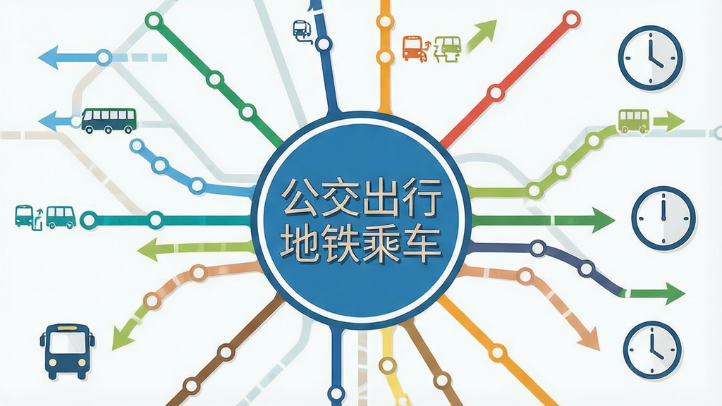 一张信息图表风格的图片,画面中央是“公交出行地铁乘车”的文字标识,周围环绕着地铁线路图、公交车图标、换乘箭头和时钟图标,布局采用放射状排列,风格扁平化信息图,细节包括线路节点的圆点、颜色区分不同线路、整体色调清新,画质高清,干净,无多余元素