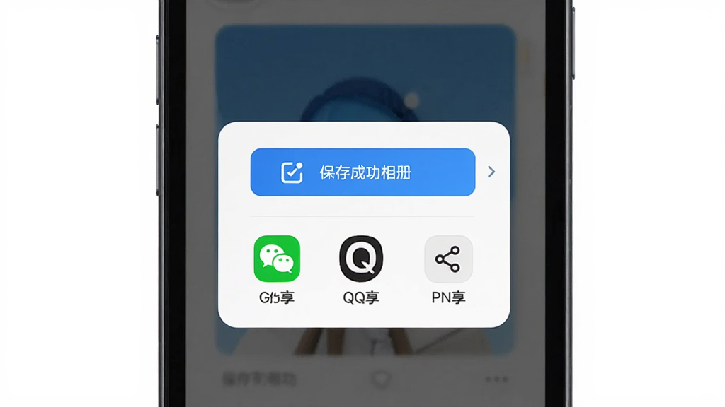 箭头随手画分享与保存功能界面,主体为手机屏幕显示保存成功和分享选项弹窗,布局为手机竖屏展示,风格为简洁明快的UI设计,细节包括保存到相册按钮、微信分享图标、QQ分享图标、PNG导出选项,画质高清,干净,无多余元素