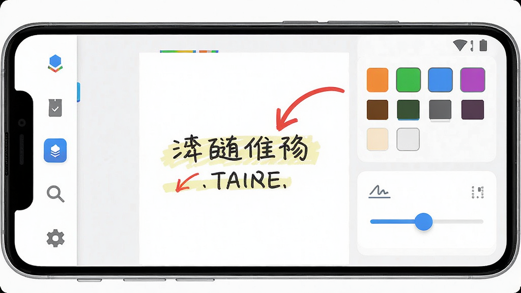 箭头随手画安卓手机应用界面展示,主体为一部智能手机屏幕,屏幕上显示手绘箭头标注工具的编辑界面,画面中有红色弯曲箭头指向文字重点,旁边有颜色选择条和粗细调节滑块,布局为手机正面竖屏展示,风格为简洁现代的UI设计展示图,细节包括清晰的图标和操作面板,画质高清,干净,无多余元素