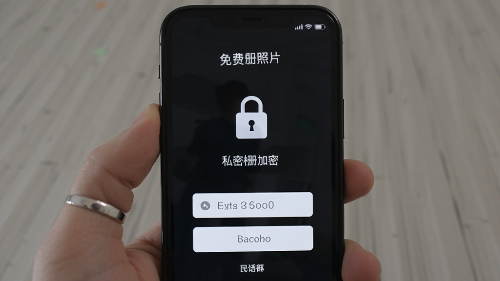 免费相册照片管理私密相册加密功能展示,手机屏幕显示密码输入界面,背景为深色,中央有锁形图标,界面简洁安全,画质清晰,无多余元素