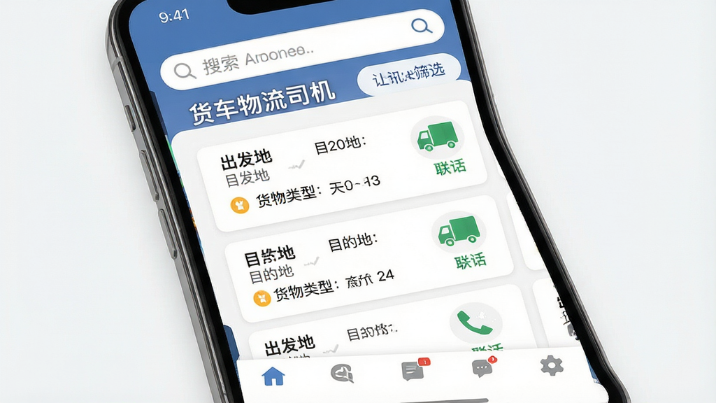 一张展示货车物流司机应用内货源列表界面的图片,主体为手机屏幕特写,屏幕中央显示“货车物流司机”应用名称和滚动更新的货运订单卡片,每张卡片包含出发地、目的地、货物类型和联系电话图标,布局为上下排列的卡片流,风格为扁平化UI设计风,细节包括顶部搜索栏、筛选按钮、底部导航栏,画质高清,干净,无多余元素