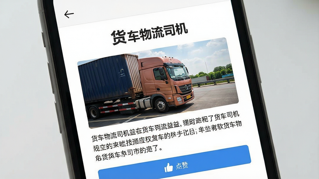 一张展示货车物流司机应用内资讯阅读页面的图片,主体为手机屏幕显示一篇关于货车司机权益的图文文章,标题区域有“货车物流司机”字样,布局为标题加正文加配图的经典阅读排版,风格为简洁阅读风,细节包括顶部返回箭头、文章配图、段落文字、底部点赞按钮,画质高清,干净,无多余元素