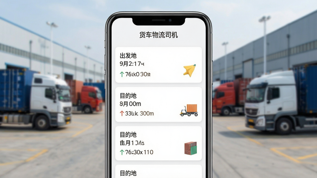 一张名为“货车物流司机”的手机应用货源列表页面展示图,画面以手机屏幕为主体,屏幕上排列着多条货运信息卡片,每条卡片显示出发地、目的地和货物类型,背景为模糊的物流园区场景,风格现代简洁,画质清晰,干净无杂乱元素