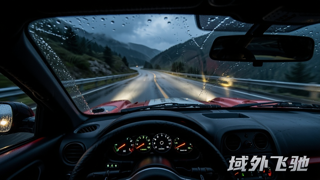 画面是一辆赛车在雨夜的山路上行驶,车灯照亮前方湿滑路面,雨滴打在挡风玻璃上,仪表盘发出微光,画面右下角有