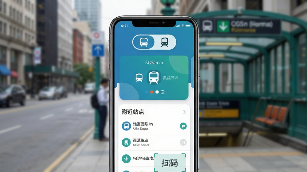 公交出行地铁乘车应用主界面展示,画面中央是一部智能手机,屏幕显示蓝绿色调的乘车码页面,上方有公交与地铁图标切换按钮,下方显示附近站点列表与扫码区域,背景为城市街道与地铁站出入口的虚化场景,整体布局简洁清晰,风格现代扁平化,细节包括状态栏时间信号图标、卡片式功能入口、圆角按钮,画质高清,干净,无多余元素