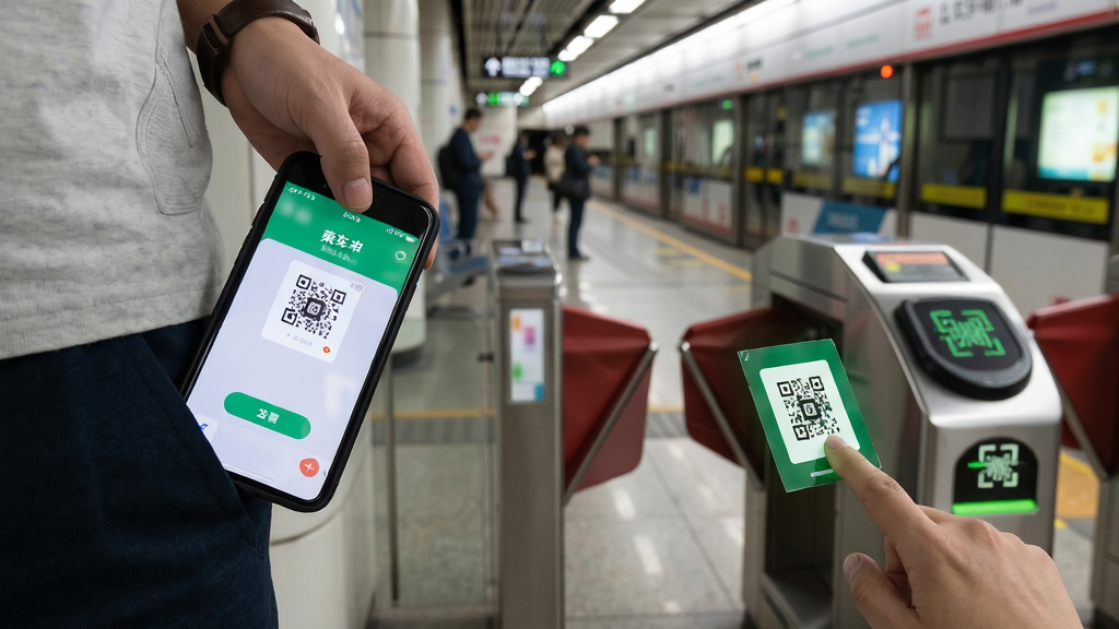 公交出行地铁乘车使用技巧示意图,画面为手机屏幕录制风格,展示用户从口袋取出手机、打开应用、调出乘车码、靠近闸机扫码的连续动作,背景为地铁站台,风格生活化写实,细节包括手指点击动作、屏幕亮度变化、闸机开启瞬间,画质高清,干净,无多余元素