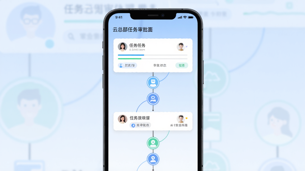 云总部任务审批界面展示,画面为手机屏幕中显示任务卡片与审批流程图,流程节点以圆形图标串联,背景为淡蓝色渐变,布局纵向排列,风格扁平化设计,细节包括进度条、头像小图标、状态标签,画质清晰,干净无多余元素