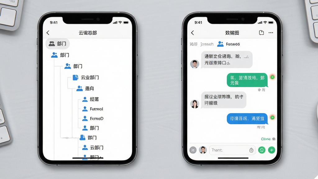 云总部企业通讯录与即时消息界面,画面为两部手机并排展示,左侧为组织架构树状图,右侧为聊天对话窗口,背景为浅灰色办公桌面,布局左右对称,风格清爽商务,细节包括部门图标、消息气泡、在线状态圆点,画质清晰,干净无多余元素