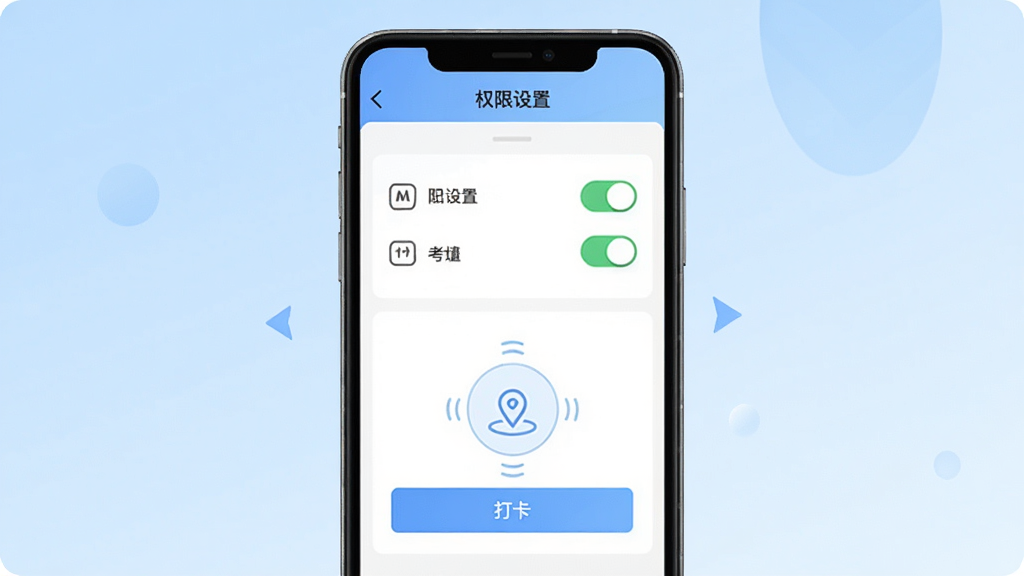 云总部移动端使用指南示意图,画面为手机屏幕中显示权限设置页面与考勤打卡界面,背景为浅蓝色渐变,布局上下分栏,风格简洁教程风,细节包括权限开关图标、打卡按钮、定位光圈,画质清晰,干净无多余元素