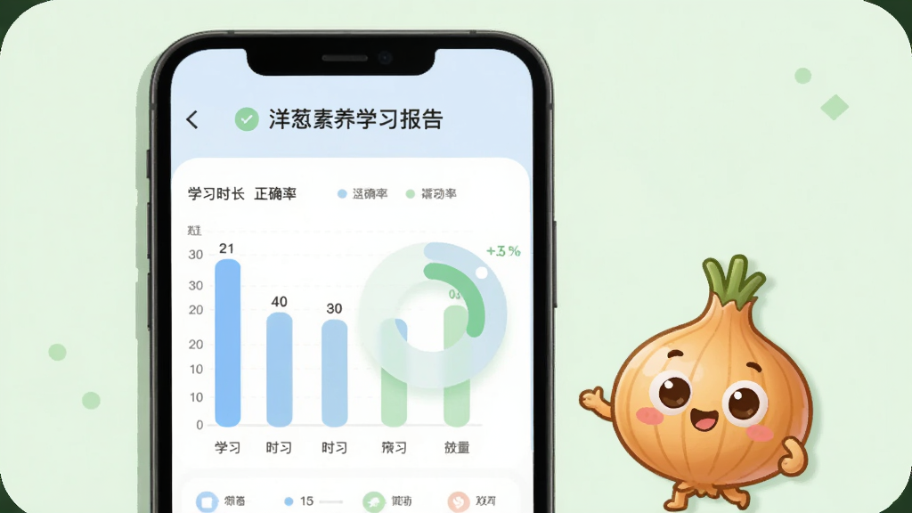 洋葱素养学习报告页面,手机屏幕显示柱状图和环形图,展示学习时长与正确率,界面配色柔和,有卡通小洋葱吉祥物在旁,背景为淡绿色,风格简约现代,画质干净,无多余元素