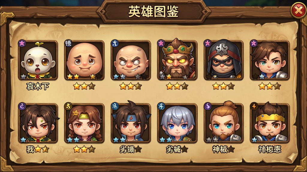 一张展示“我叫MT:崛起”角色收集界面的图片,画面以网格形式排列着多个Q版卡通角色头像,包括哀木涕、傻馒、劣人、呆贼、神棍德等,每个头像下方标注角色名称和稀有度星级,界面采用木质边框与羊皮纸底纹的奇幻风格,顶部有“英雄图鉴”字样,整体布局整齐有序,色彩温暖明亮,高清画质,画面干净无多余元素