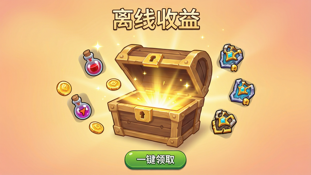 一张展示“我叫MT:崛起”放置挂机收益结算界面的图片,画面中央是一个木质宝箱正在打开,金光四射,周围漂浮着金币、经验药水、装备碎片等图标,背景是柔和的渐变暖色调,界面顶部显示“离线收益”四个大字,底部有“一键领取”按钮,整体风格为卡通奇幻,画面干净整洁,高清画质