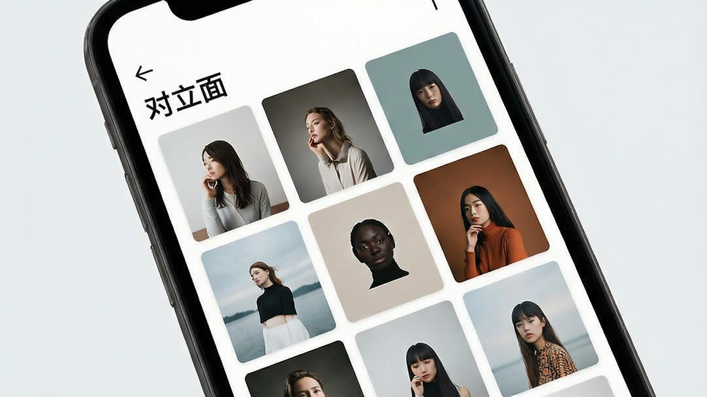 一张展示手机屏幕的图片,屏幕中显示名为“对立面”的图片素材浏览应用界面,界面中有多张风格各异的图片缩略图,布局为网格状,整体风格简洁现代,画质清晰,干净,无多余元素