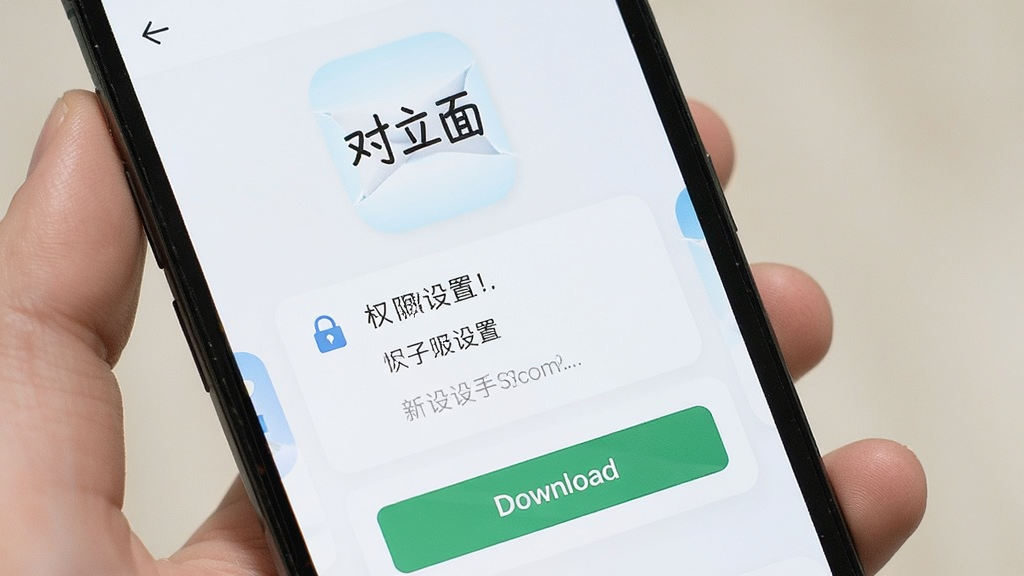 一部智能手机屏幕显示“对立面”应用的新手引导页面,画面中有权限设置提示和下载按钮,界面简洁,风格明快,画质清晰,干净,无多余元素