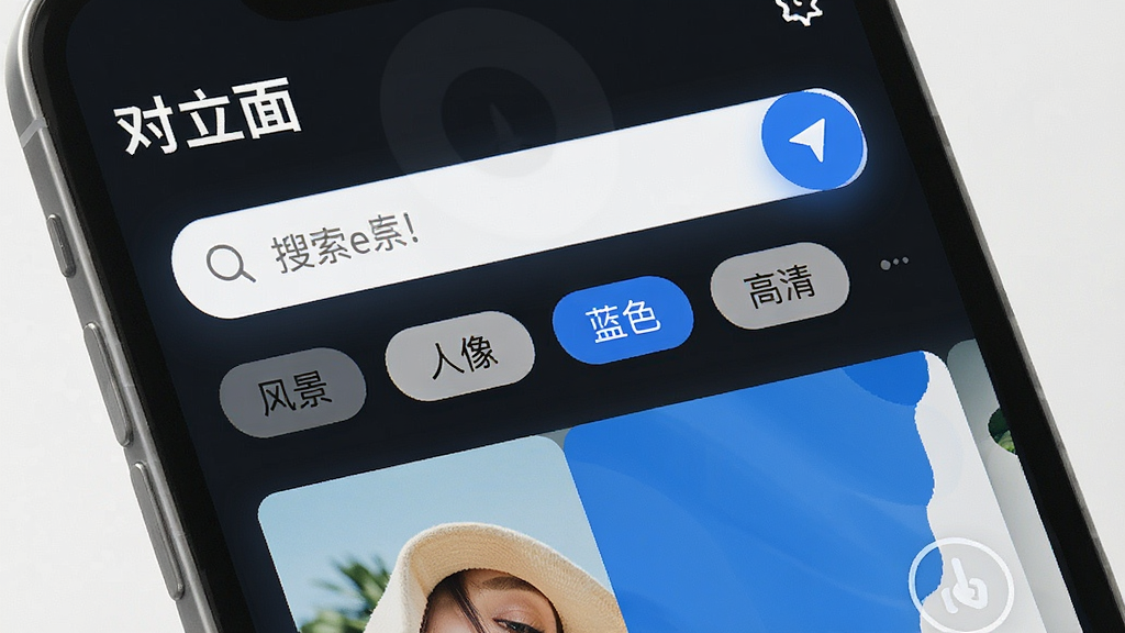一张展示“对立面”应用内智能分类检索功能的图片,画面中有搜索框和多个筛选标签,如“风景”“人像”“蓝色”“高清”等,界面交互感强,风格现代,画质清晰,干净,无多余元素