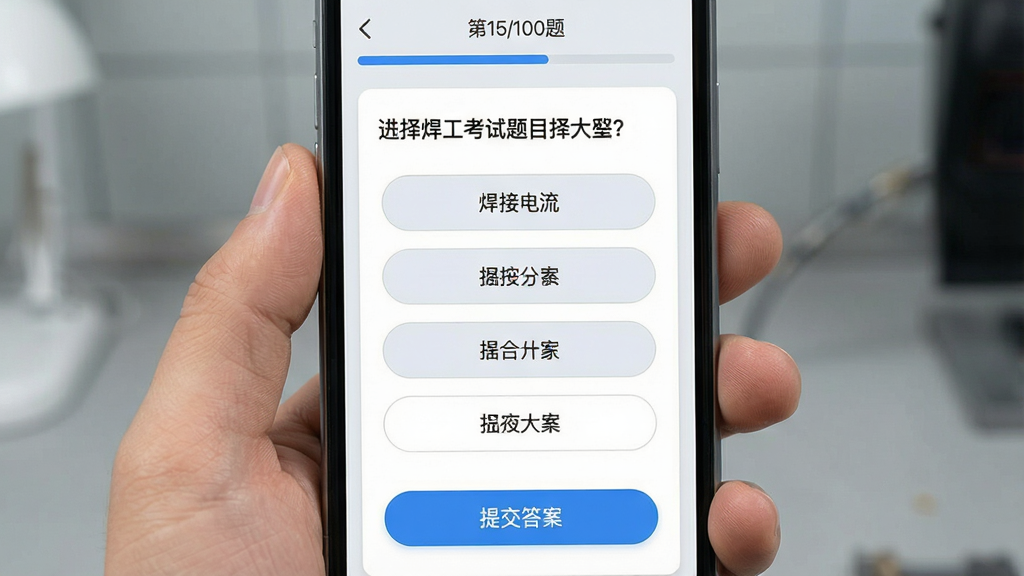 手机屏幕展示焊工考试题目大全答题界面,画面中央为一道关于焊接电流选择的单选题,四个选项按钮纵向排列,底部有