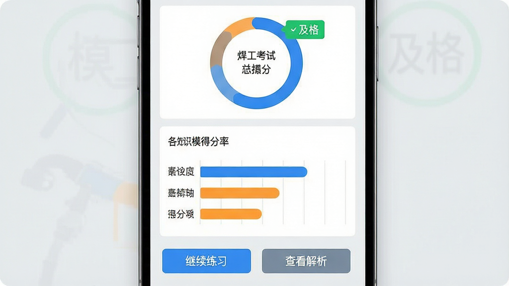 焊工考试题目大全模拟考试成绩报告页面,手机屏幕上方为总分环形图与