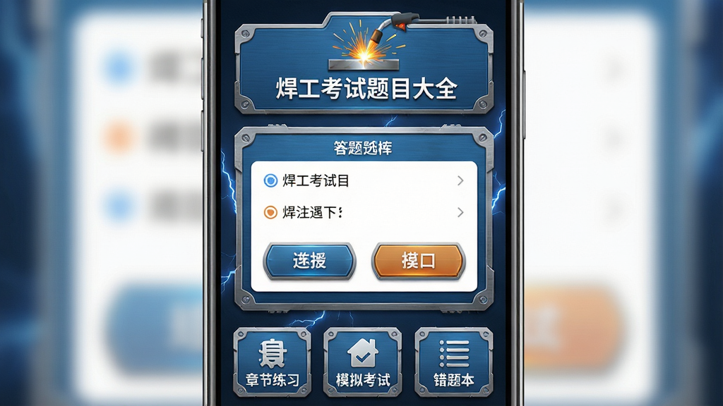 手机屏幕竖版展示焊工考试题目大全应用主界面,画面中央是蓝色工业风格的知识题库卡片,顶部有焊接火花图标和标题文字