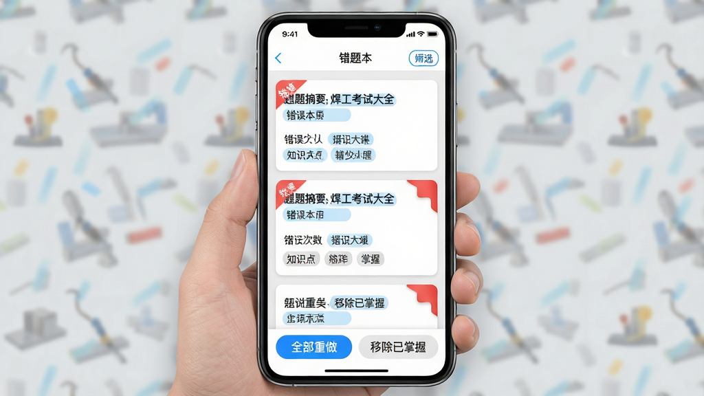 焊工考试题目大全错题本功能界面展示,手机屏幕中央为错题列表卡片,每张卡片显示题目摘要、错误次数红色角标与知识点标签,顶部有