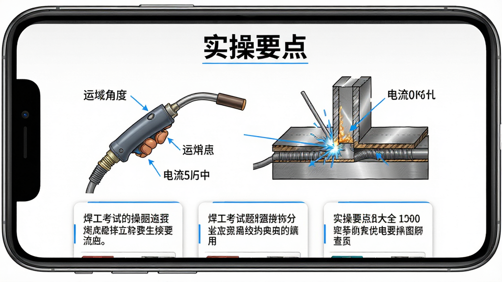 焊工考试题目大全实操要点图解页面,手机屏幕展示焊接操作示意图,画面中有焊枪与工件剖面图,标注运条角度与电流参数,下方配有文字说明卡片,顶部标题为