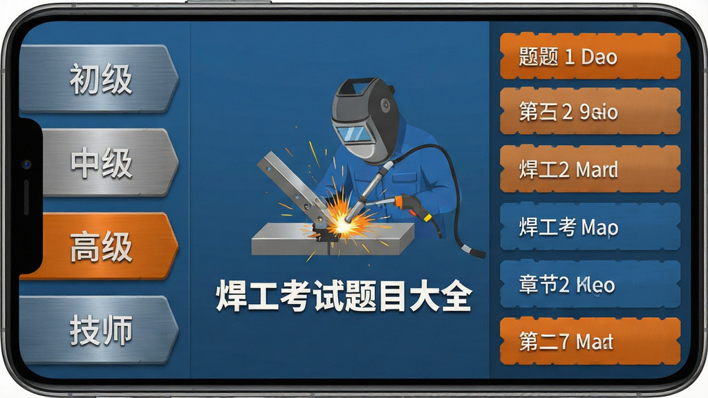 手机应用界面横版展示焊工考试题目大全的等级选择页面,画面左侧为初级、中级、高级、技师四个等级标签纵向排列,右侧为对应等级的题目数量与章节列表,屏幕中央有焊接工件插图与