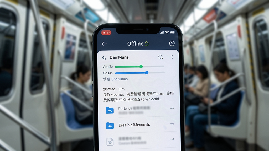 手机邮箱免费管理离线阅读功能展示,画面为手机在无网络状态下打开邮件正文,顶部显示离线标识,背景为地铁车厢虚化场景,布局突出手机屏幕,风格写实偏科技感,细节有缓存进度条与文件图标,画质高清,干净,无多余元素