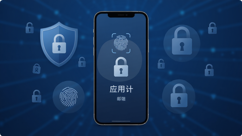 手机邮箱免费管理安全隐私保护示意图,手机屏幕显示应用锁验证界面,背景有盾牌与锁形图标,布局居中突出安全主题,风格沉稳科技蓝调,细节包含指纹识别与加密符号,画质高清,干净,无多余元素