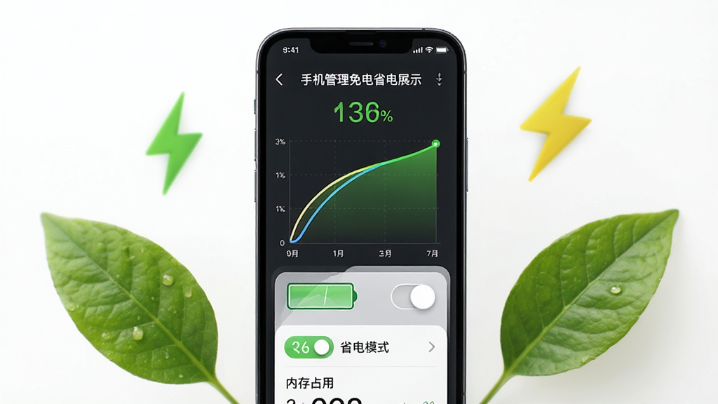 手机邮箱免费管理轻量省电特性展示,手机屏幕显示电池续航曲线与低占用提示,周围有绿叶与闪电符号,布局简洁明快,风格清新自然,细节有省电模式开关与内存占用数值,画质高清,干净,无多余元素