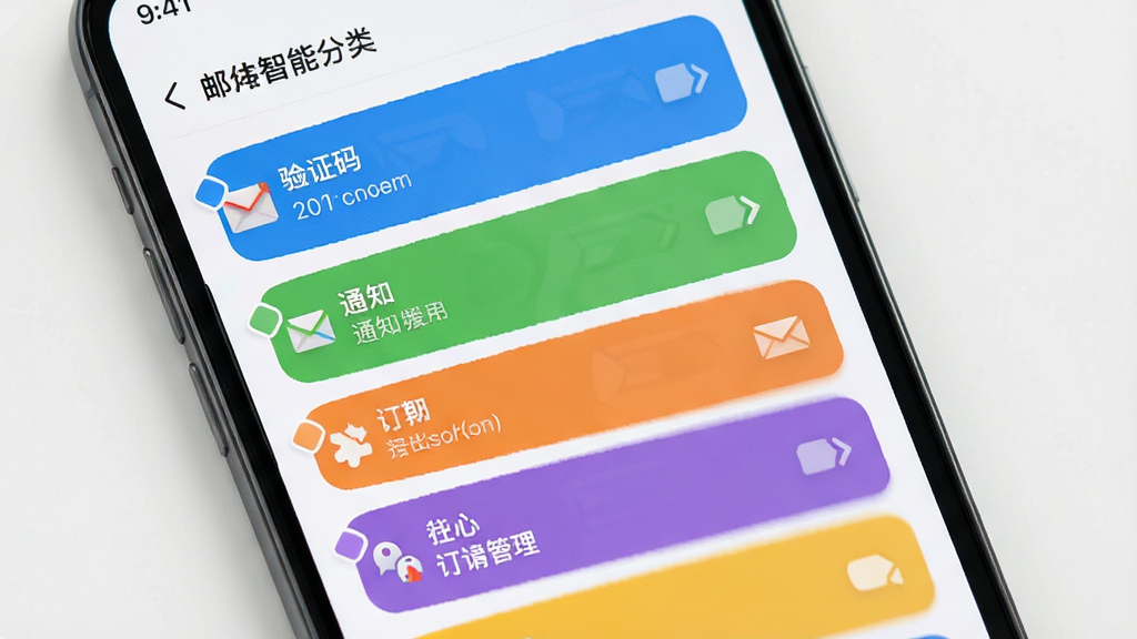 手机邮箱免费管理智能分类界面,手机屏幕展示邮件按类别分组排列,包含验证码、通知、订阅等标签色块,布局为纵向列表,风格明快现代,细节有分类图标与颜色区分,画质高清,干净,无多余元素