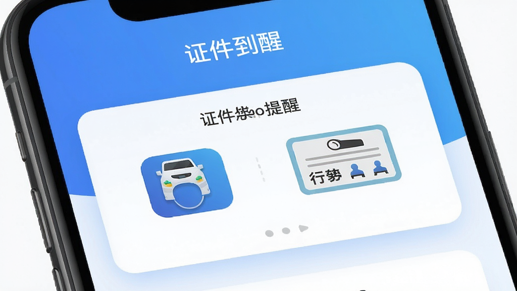 货车物流司机软件的证件提醒功能界面,手机屏幕显示证件到期提醒通知卡片,画面中有驾驶证和行驶证的图标,背景是简洁的蓝色渐变,风格清爽明了,排版规范,细节清晰,画质高清,干净无多余元素