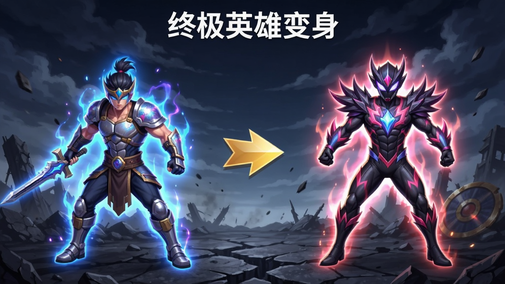 游戏角色站在画面中央,左侧显示普通战士形态,右侧显示变身之后的终极猎手形态,中间用金色箭头连接,角色身上有蓝色和紫色能量光效,背景为深色天空与破碎的战场地面,画面顶部写