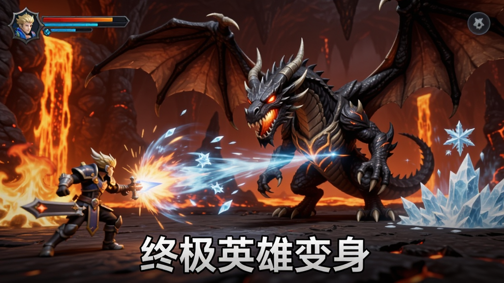 游戏Boss战场景,画面中央是一只巨大的暗黑巨龙Boss,左侧是玩家操控的英雄角色正在释放技能,画面中有火焰和冰霜特效交织,背景为熔岩洞穴,画面底部写