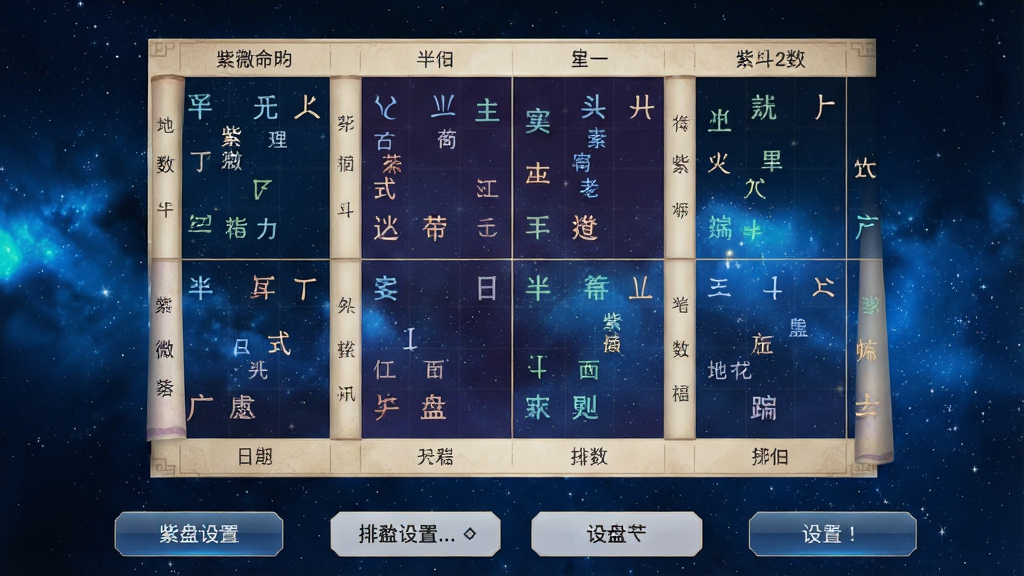 一张展示紫薇斗数排盘应用界面的手机截图,画面中央是精致的紫微命盘十二宫格,每个宫位内标注着星曜名称与地支信息,背景为深蓝色星空渐变风格,界面底部有排盘参数设置按钮,整体布局清晰,风格古典与现代科技感结合,画质高清,干净无多余元素
