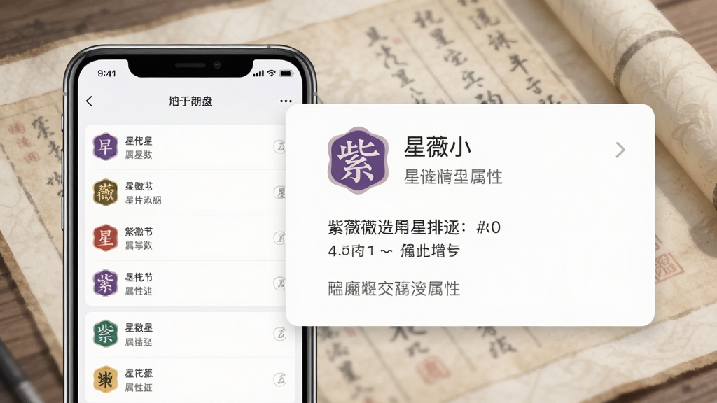一张紫薇斗数排盘软件的功能展示图,画面左侧是手机界面显示星曜列表,右侧展开详细的星曜信息卡片,卡片上有星曜名称和属性文字,背景为柔和的书卷纹理,风格为简约知识卡片式设计,画质高清,排版整洁,干净无多余装饰