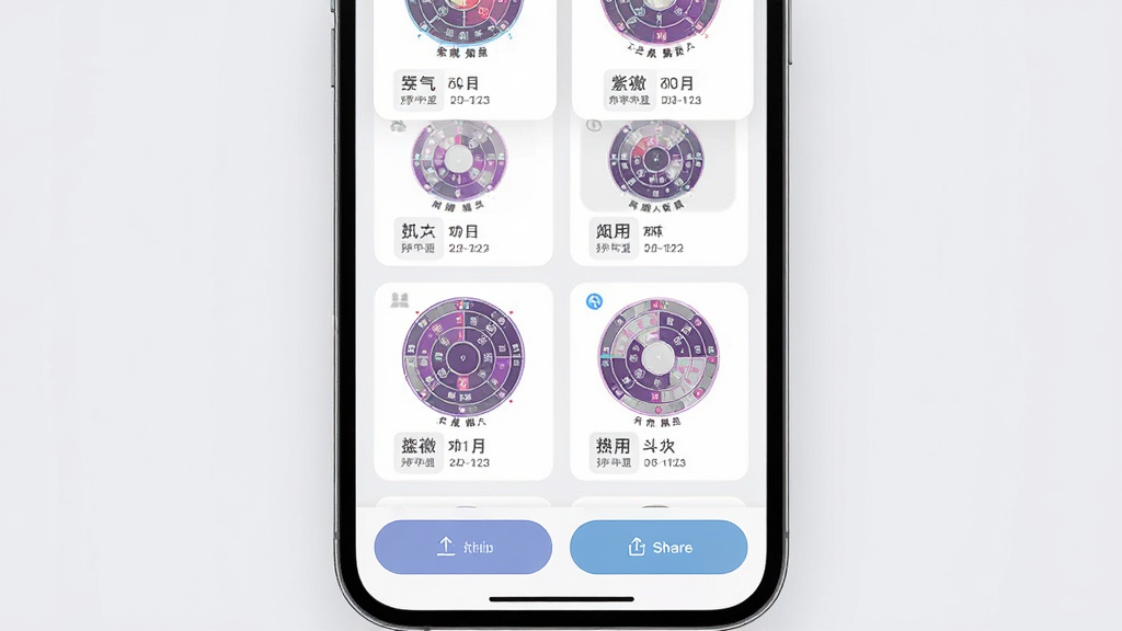 一张紫薇斗数排盘应用命盘管理界面的截图风格图片,画面中手机屏幕显示多个命盘缩略图以卡片形式排列,每个卡片上有姓名标签和日期,底部有导出与分享按钮,背景为浅灰色极简风格,画质高清,界面清爽,干净无多余元素
